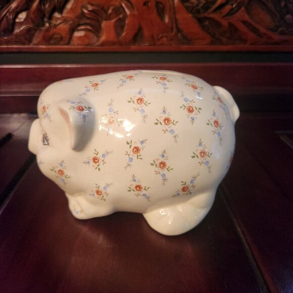 Vintage Ceramic Piggy Bank With Floral Pattern & Blue Eyes 5" L x 4.5" W x 4" H - Picture 3 of 9